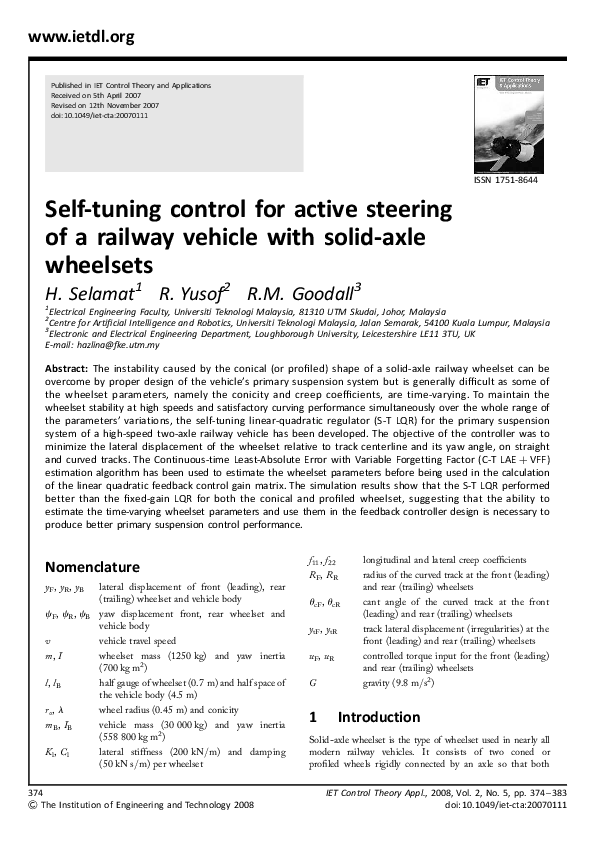(PDF) Self-tuning control for active steering of a railway vehicle with ...