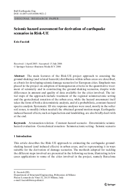(PDF) Seismic hazard assessment for derivation of earthquake scenarios ...