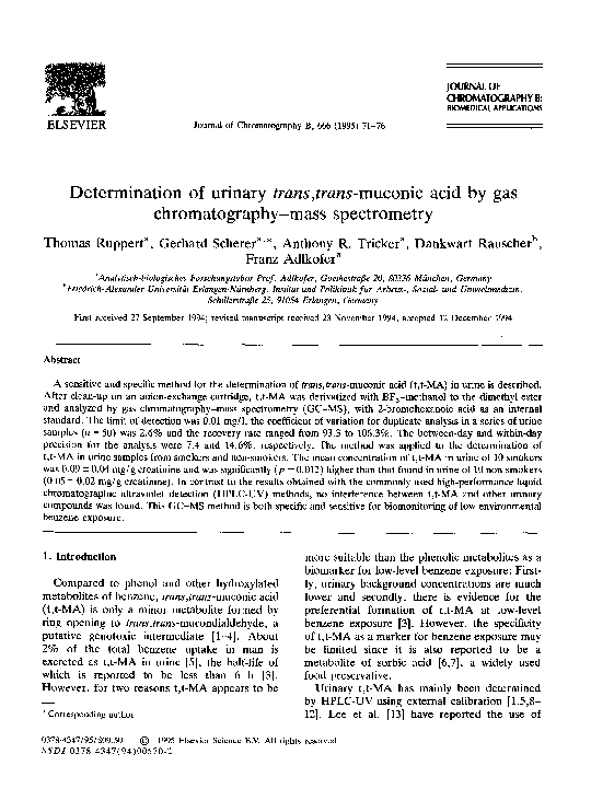 (PDF) Determination of urinary trans, transmuconic acid by gas