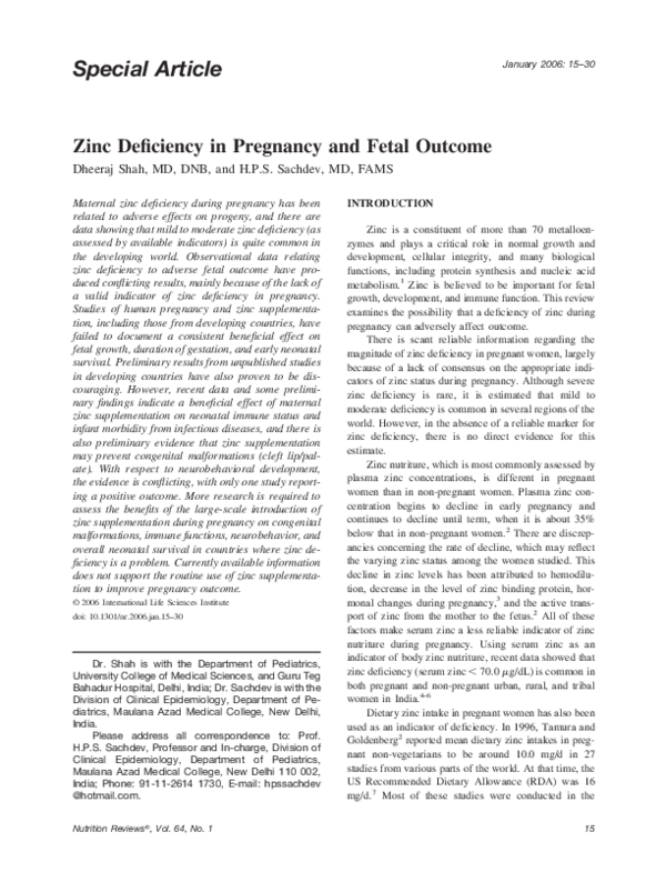 (PDF) Zinc Deficiency in Pregnancy and Fetal H.P.S. Sachdev