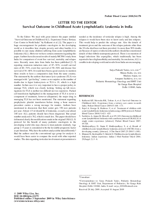 (PDF) Survival outcome in childhood acute lymphoblastic leukemia in India