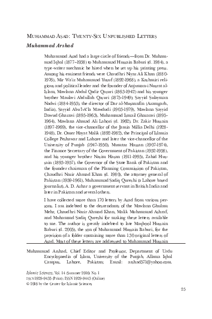 (PDF) Muhammad Asad: Twenty-six Unpublished Letters