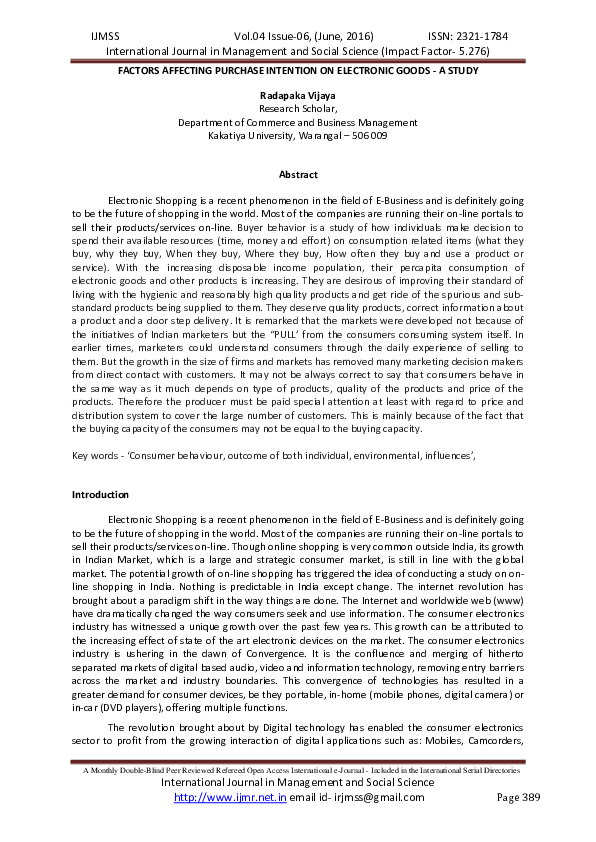 Pdf Factors Affecting Purchase Intention On Electronic Goods A Study