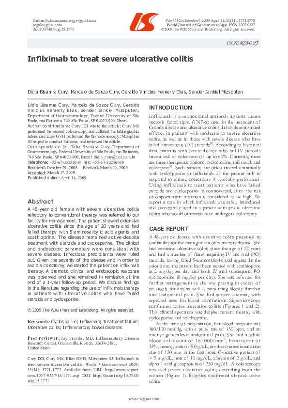 (PDF) Infliximab to treat severe ulcerative colitis
