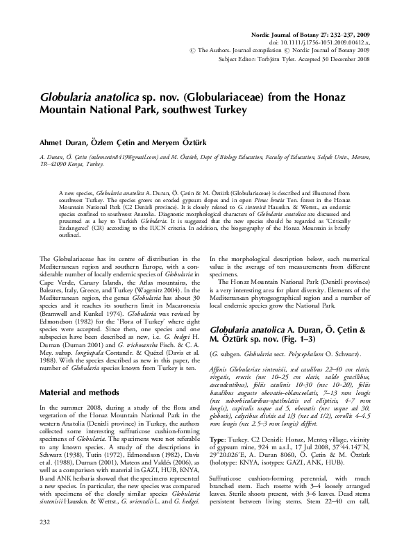 Pdf Globularia Anatolica Sp Nov Globulariaceae From The Honaz Mountain National Park Southwest Turkey Meryem Ozturk Academia Edu