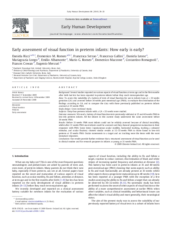 (PDF) Early assessment of visual function in preterm infants: How early ...