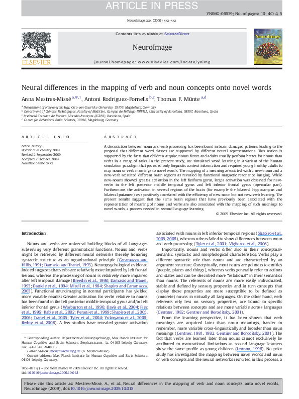 (PDF) Neural differences in the mapping of verb and noun concepts onto ...