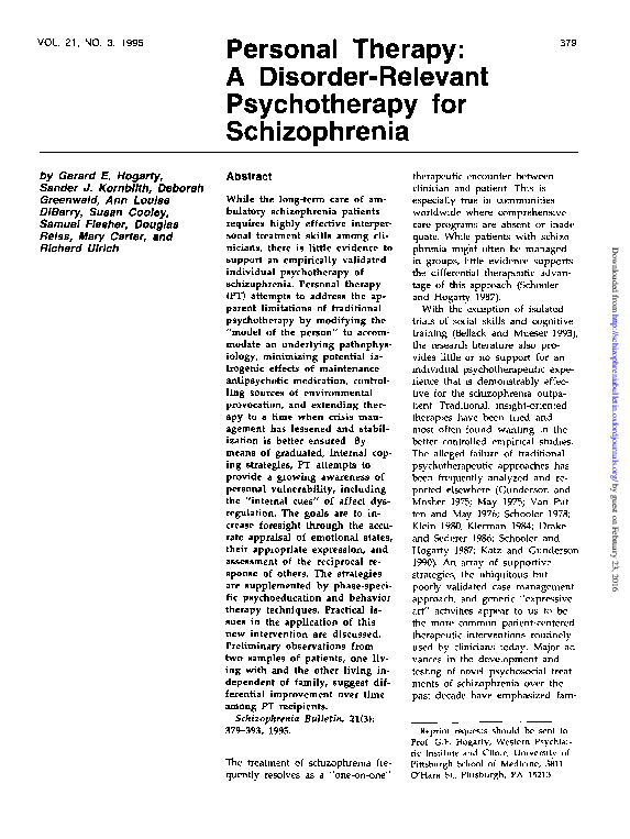 (PDF) Personal Therapy: A Disorder-Relevant Psychotherapy for Schizophrenia