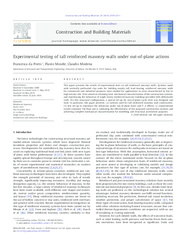 (PDF) Experimental testing of tall reinforced masonry walls under out ...