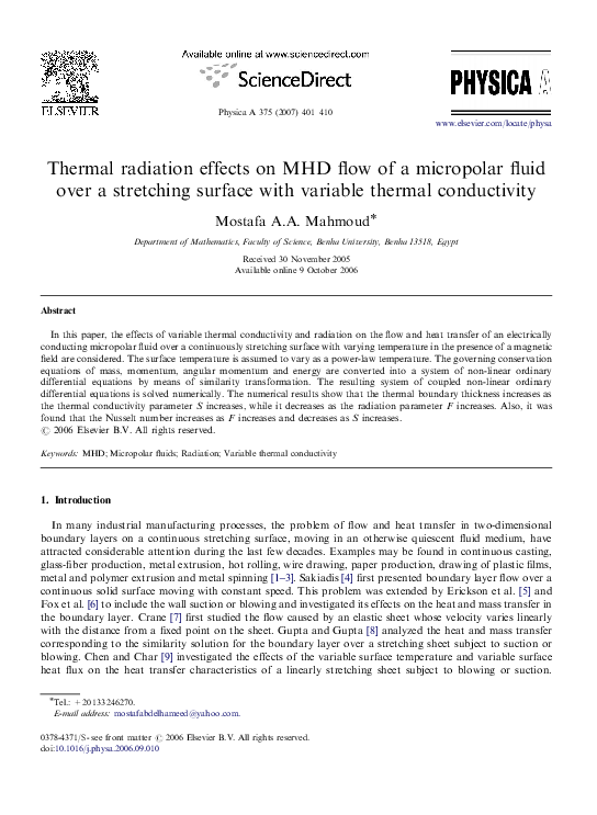 (PDF) Thermal radiation effects on MHD flow of a micropolar fluid over ...