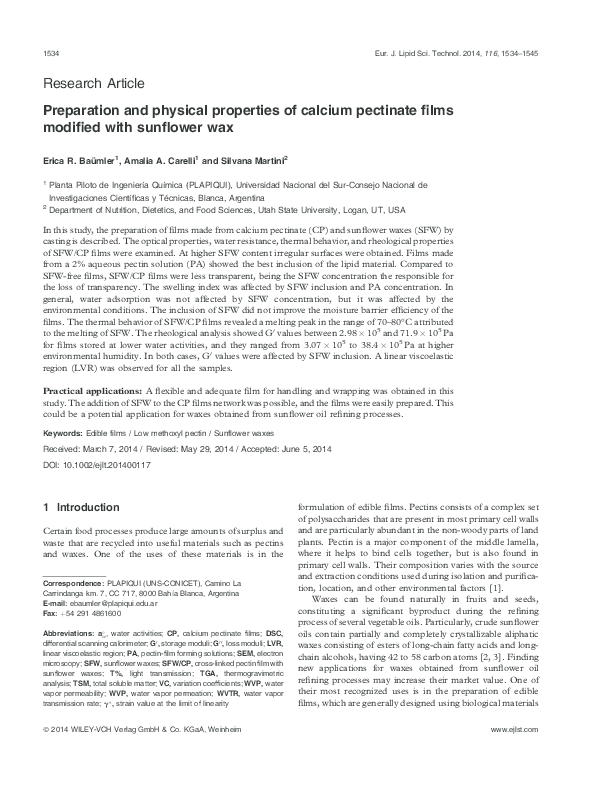 (PDF) Preparation and physical properties of calcium pectinate films