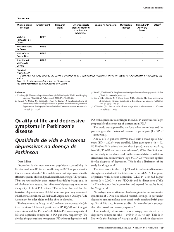 (PDF) Quality of life and depressive symptoms in Parkinson's disease ...