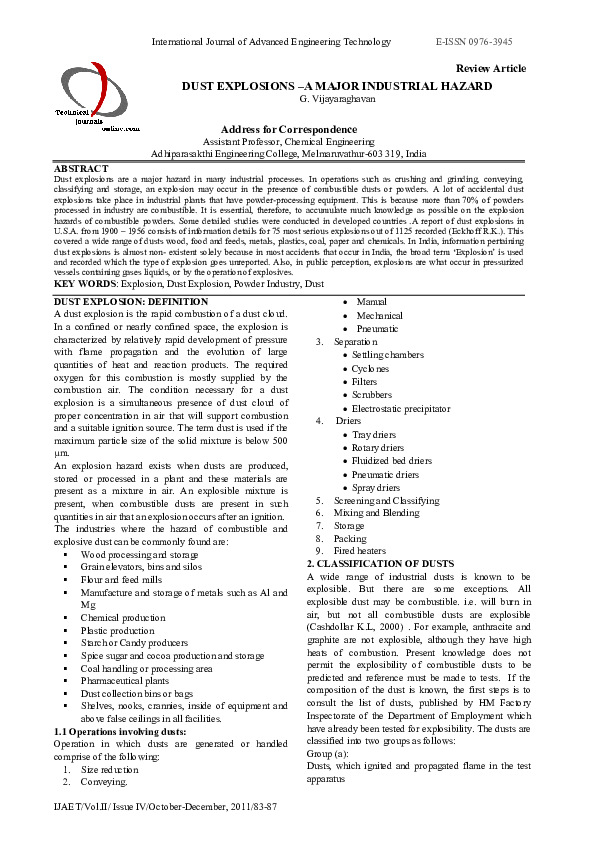 (PDF) Dust Explosions A Major Industrial Hazard Vijayaraghavan G Academia.edu