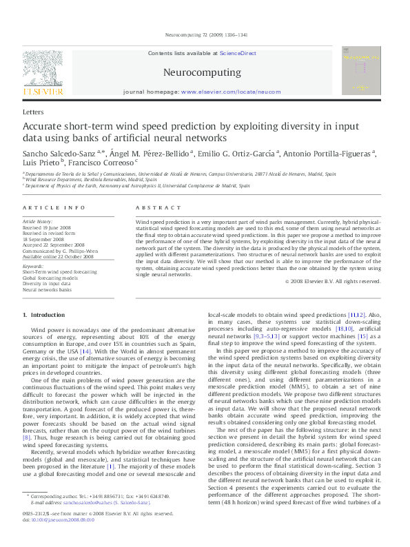 Pdf Accurate Short Term Wind Speed Prediction By Exploiting Diversity In Input Data Using Banks Of Artificial Neural Networks Emilio Ortiz Academia Edu