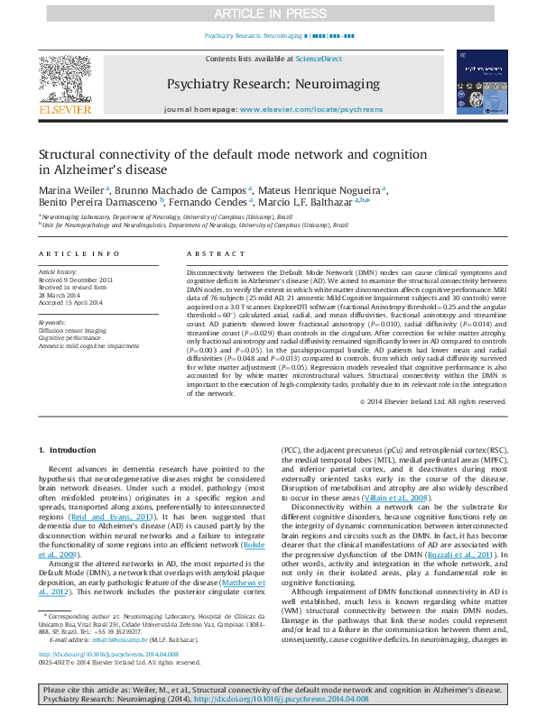 (PDF) Structural connectivity of the default mode network and cognition ...