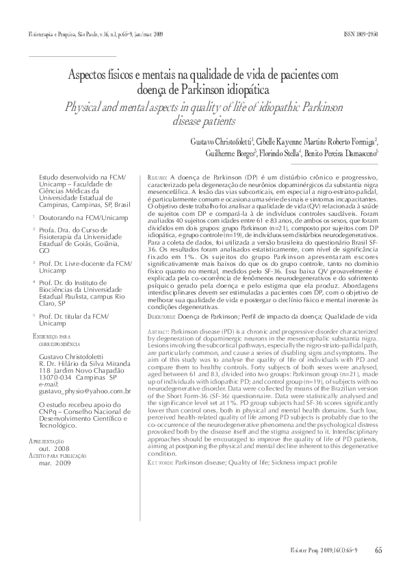 (PDF) Physical and mental aspects in quality of life of idiopathic ...