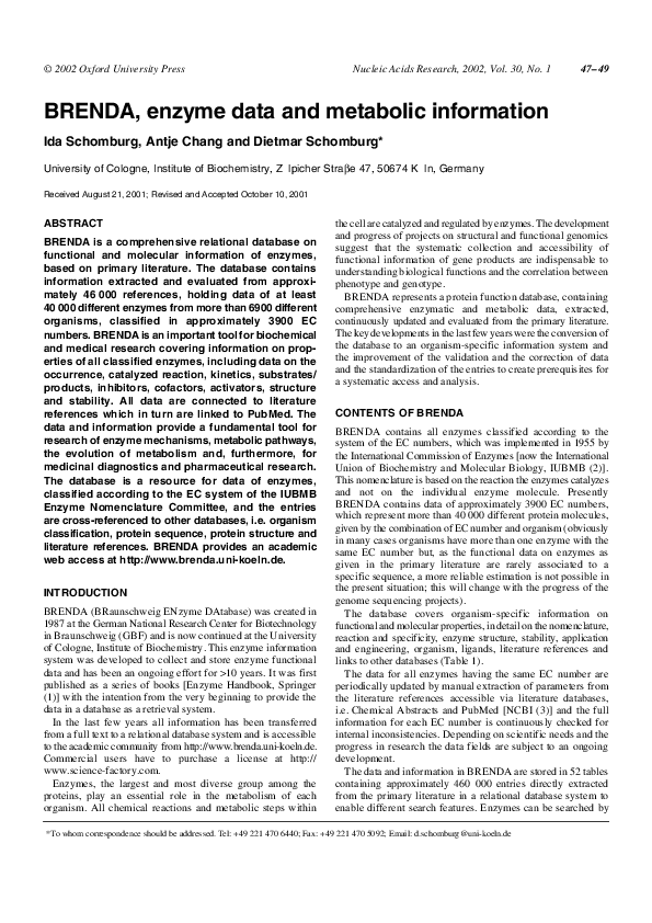 (PDF) BRENDA, enzyme data and metabolic information Ida Schomburg