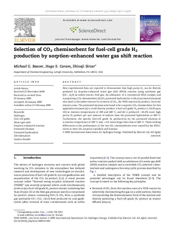 (PDF) Selection of CO2 chemisorbent for fuelcell grade H2 production
