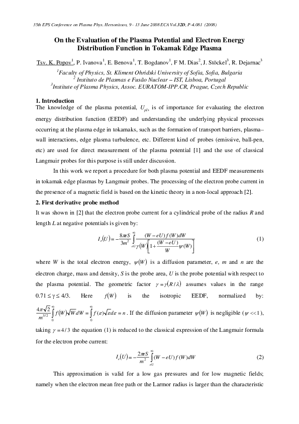Pdf On The Evaluation Of The Plasma Potential And Electron En Ergy Distribution Function In Tokamak Edge Plasma E Benova Academia Edu