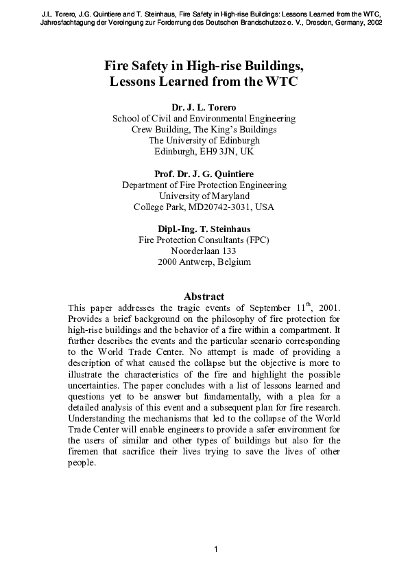 (PDF) Fire Safety in Highrise Buildings, Lessons Learned from the WTC