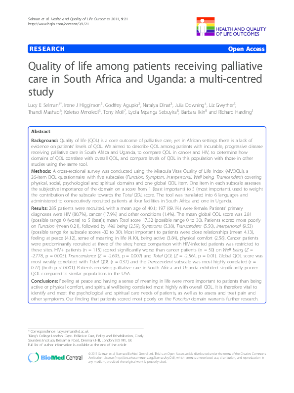 (PDF) Quality of life among patients receiving palliative care in South ...