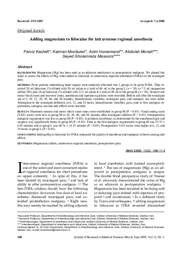 (PDF) Adding magnesium to lidocaine for intravenous regional anesthesia