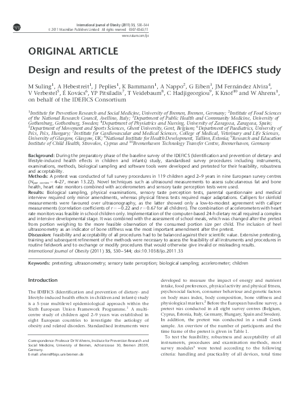 (PDF) Design and results of the pretest of the IDEFICS study
