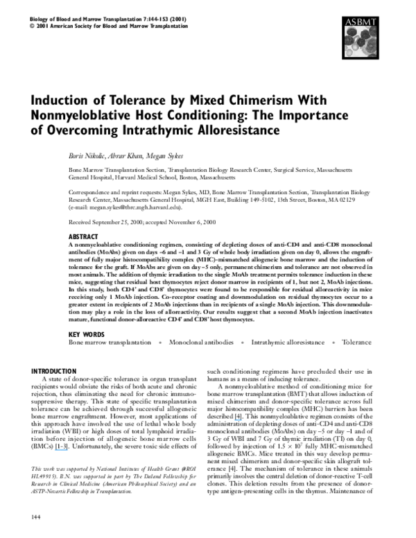 (PDF) Induction of tolerance by mixed chimerism with nonmyeloblative ...