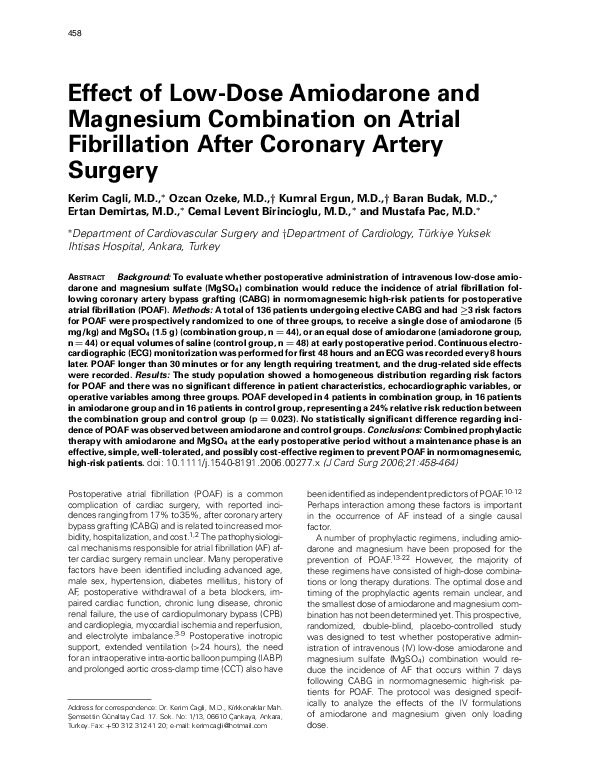 (PDF) Effect of LowDose Amiodarone and Magnesium Combination on Atrial Fibrillation After