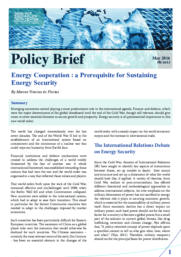 (PDF) Energy Cooperation : a Prerequisite for Sustaining Energy Security