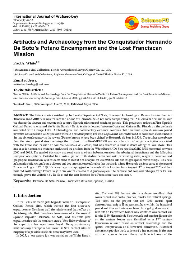 (PDF) Artifacts and Archaeology from the Conquistador Hernando De Soto's Potano Encampment and