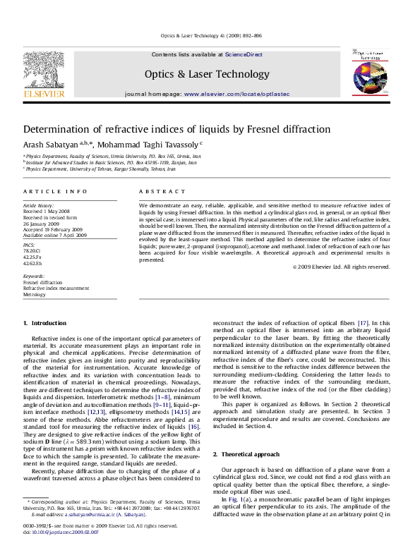 (PDF) Determination of refractive indices of liquids by Fresnel