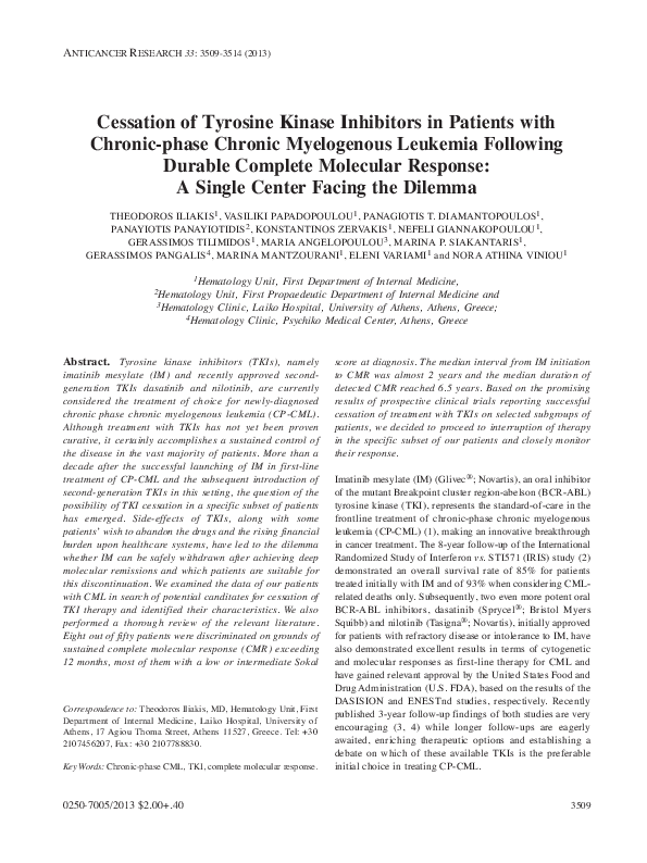 (PDF) Cessation of tyrosine kinase inhibitors in patients with chronic ...