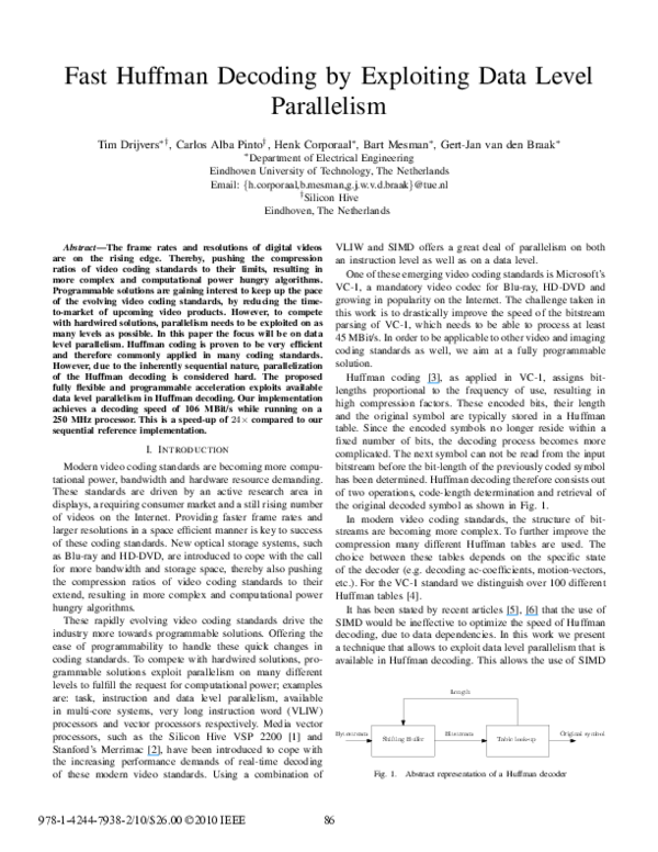 (PDF) Fast Huffman decoding by exploiting data level parallelism