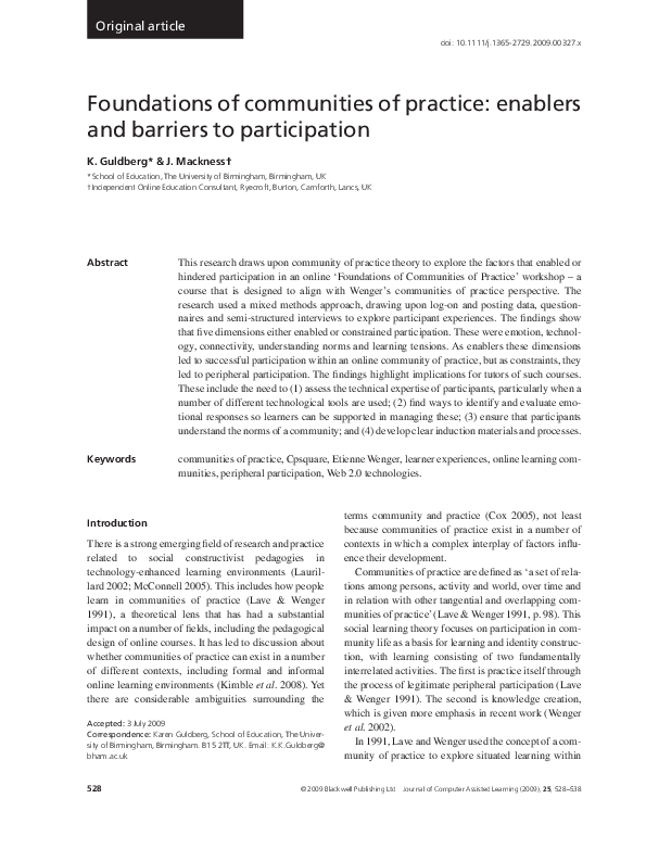(PDF) Foundations of communities of practice: enablers and barriers to ...