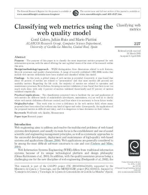 (PDF) Classifying web metrics using the web quality model
