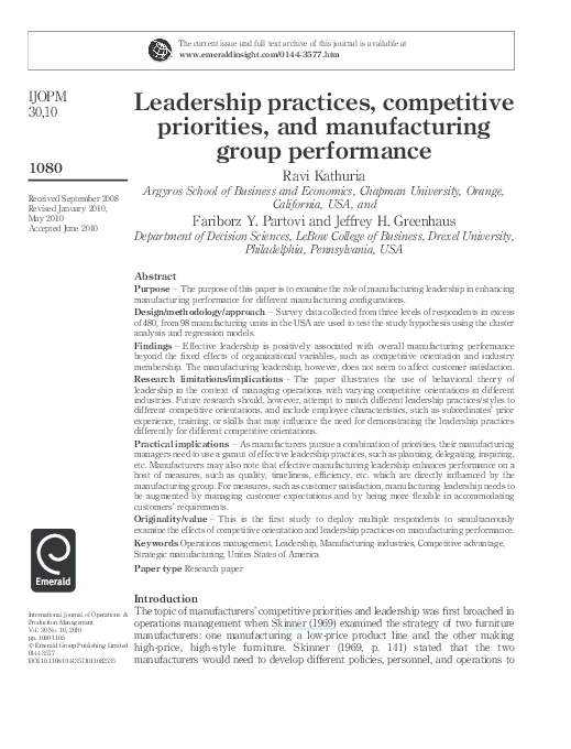 (PDF) Leadership practices, competitive priorities, and manufacturing ...