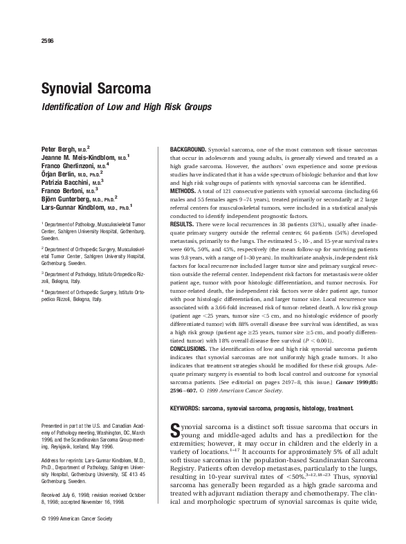 (PDF) Synovial sarcoma: Identification of low and high risk groups