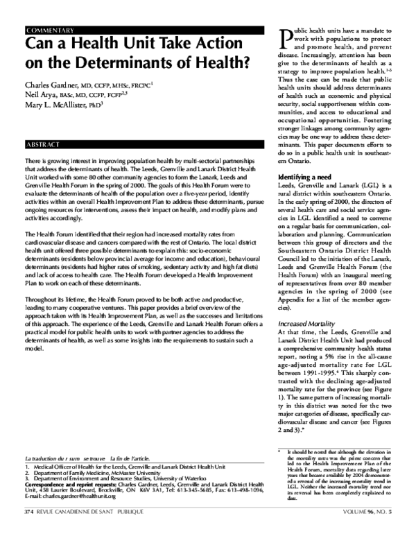 (PDF) Can a health unit take action on the determinants of health?