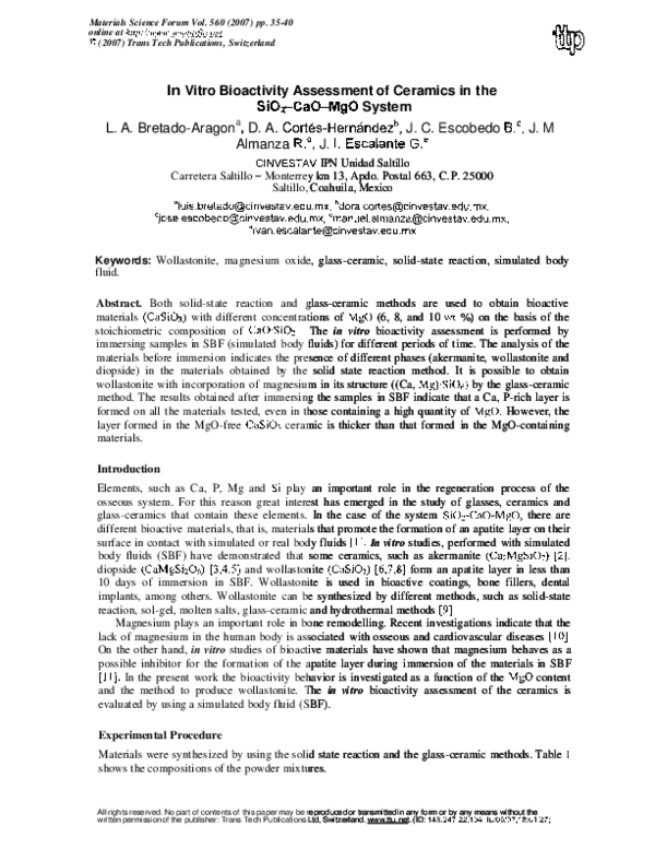 (PDF) In Vitro Bioactivity Assessment of Ceramics in the SiO 2 –CaO–MgO ...
