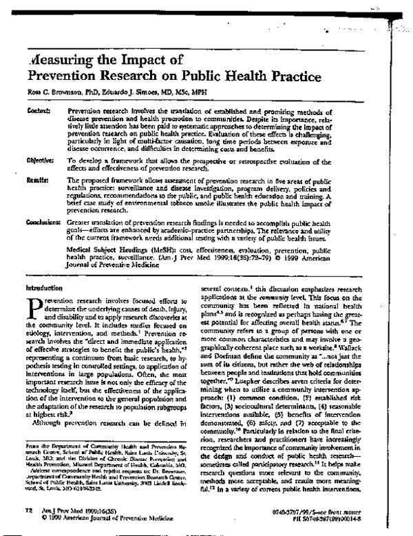 (PDF) Measuring the impact of prevention research on public health practice