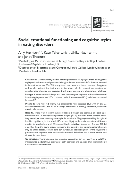 (PDF) Social emotional functioning and cognitive styles in eating disorders