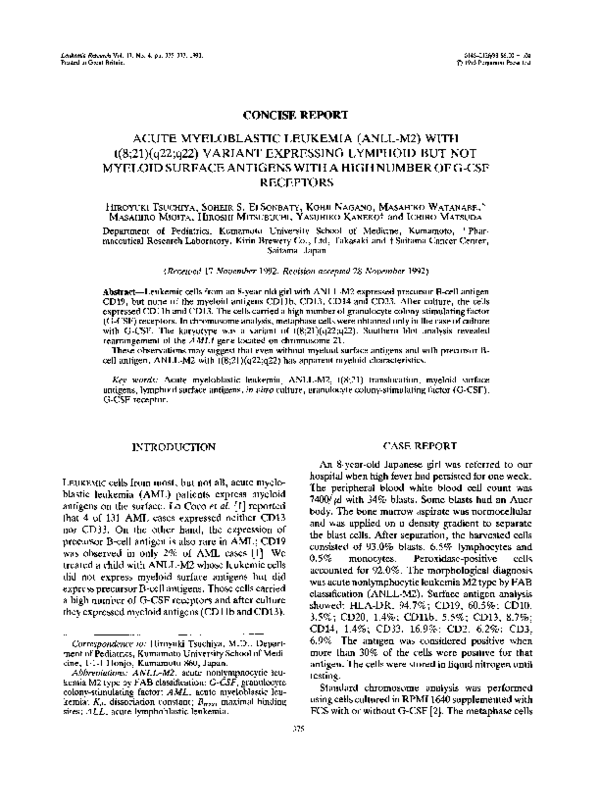 Acute myeloblastic leukemia (ANLL-M2) with t(8;21)(q22;q22) variant ...