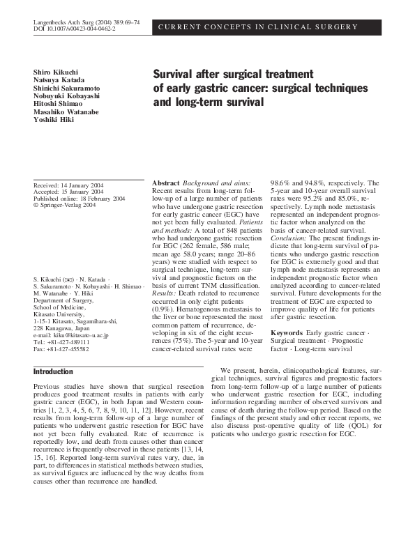 (PDF) Survival after surgical treatment of early gastric cancer ...