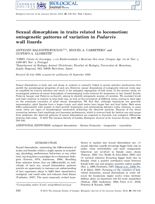 (PDF) Sexual dimorphism in traits related to locomotion: ontogenetic ...
