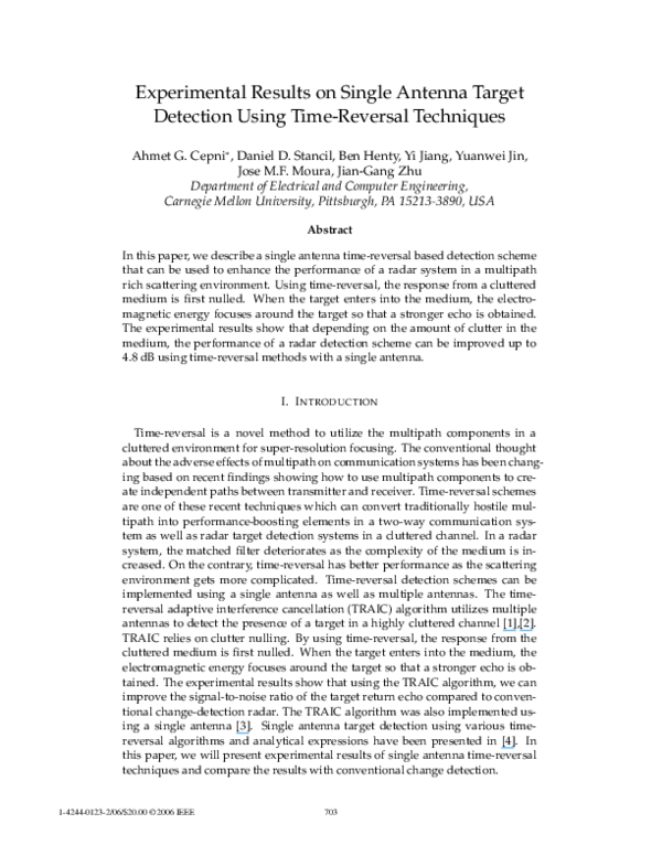 (PDF) Experimental results on single antenna target detection using timereversal techniques