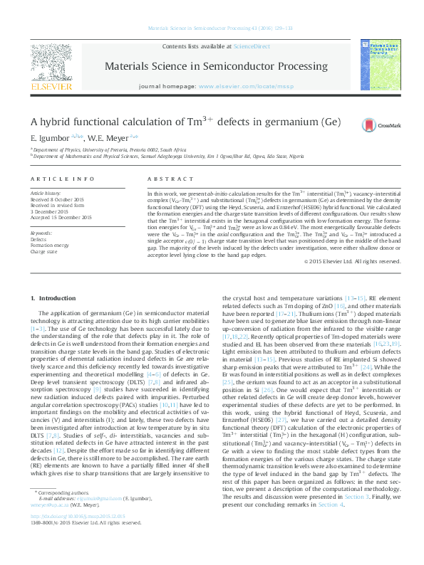 Pdf A Hybrid Functional Calculation Of Tm 3 Th Defects In Germanium Ge Igumbor Emmanuel Academia Edu