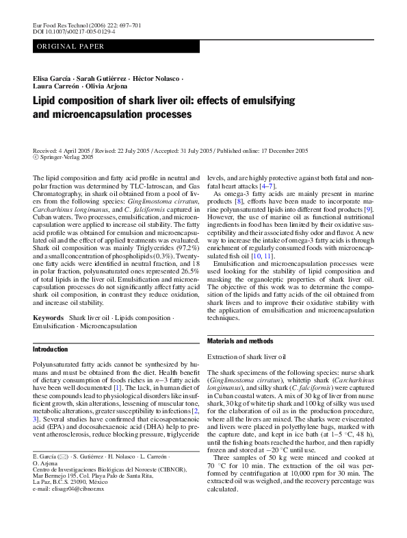 (PDF) Lipid composition of shark liver oil effects of emulsifying and