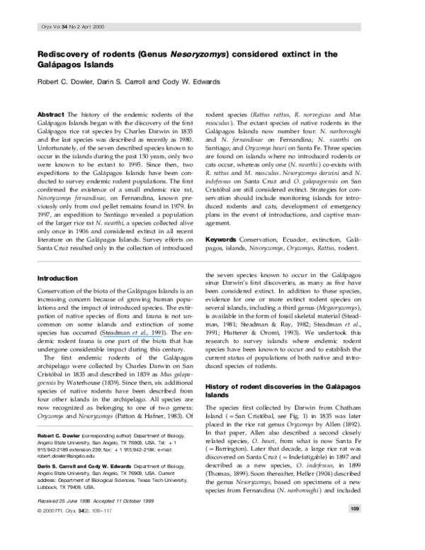 (PDF) Rediscovery of rodents (Genus Nesoryzomys) considered extinct in