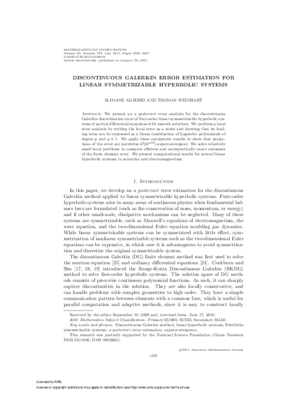 (PDF) Discontinuous Galerkin error estimation for linear symmetrizable ...